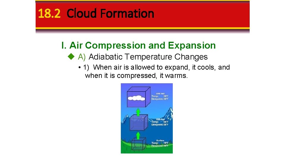 18. 2 Cloud Formation I. Air Compression and Expansion A) Adiabatic Temperature Changes • 18. 2 Cloud Formation I. Air Compression and Expansion A) Adiabatic Temperature Changes •