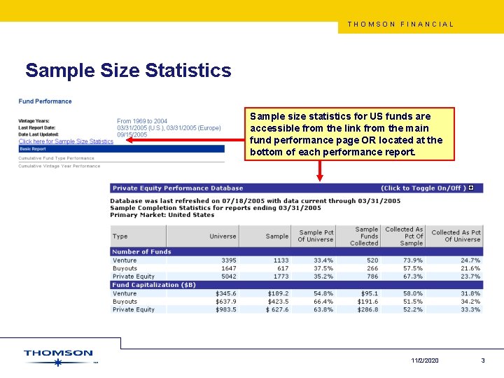 THOMSON FINANCIAL Sample Size Statistics Sample size statistics for US funds are accessible from