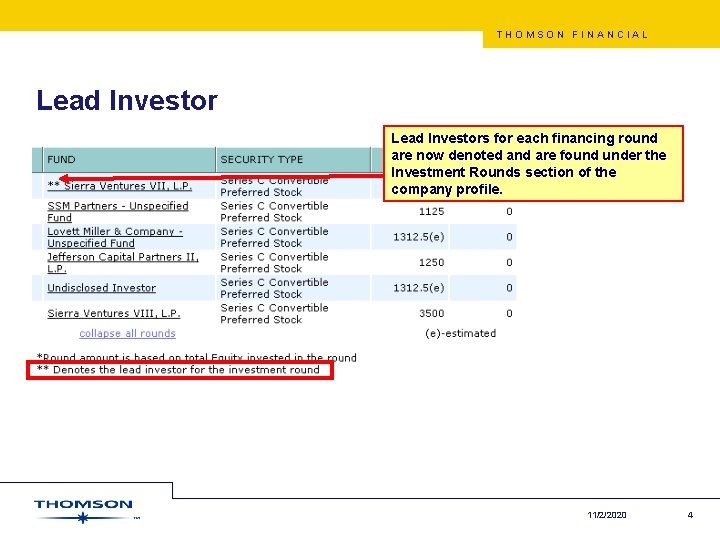 THOMSON FINANCIAL Lead Investors for each financing round are now denoted and are found