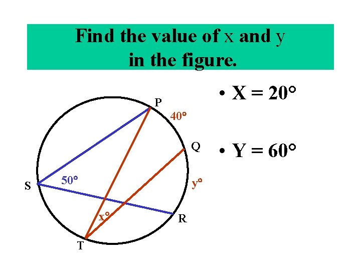 Thrm 9 -7. Thethe measure of anofinscribed Find value x andangle y is equal Thrm 9 -7. Thethe measure of anofinscribed Find value x andangle y is equal