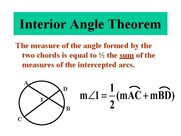 Interior Angle Theorem The measure of the angle formed by the two chords is Interior Angle Theorem The measure of the angle formed by the two chords is