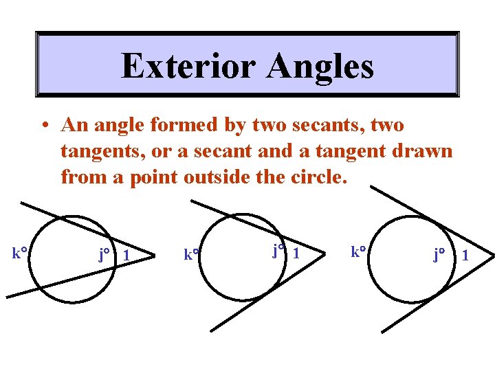 Exterior Angles • An angle formed by two secants, two tangents, or a secant Exterior Angles • An angle formed by two secants, two tangents, or a secant
