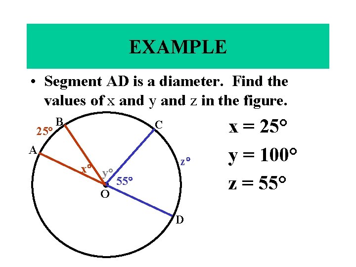 EXAMPLE • Segment AD is a diameter. Find the values of x and y EXAMPLE • Segment AD is a diameter. Find the values of x and y