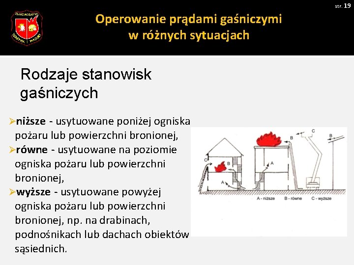 str. 19 Operowanie prądami gaśniczymi w różnych sytuacjach Rodzaje stanowisk gaśniczych Øniższe - usytuowane