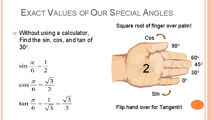 EXACT VALUES OF OUR SPECIAL ANGLES Square root of finger over palm! Without using