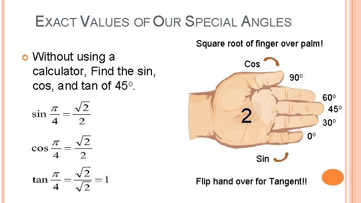 EXACT VALUES OF OUR SPECIAL ANGLES Square root of finger over palm! Without using