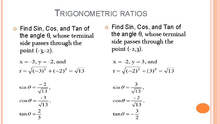 TRIGONOMETRIC RATIOS Find Sin, Cos, and Tan of the angle θ, whose terminal side