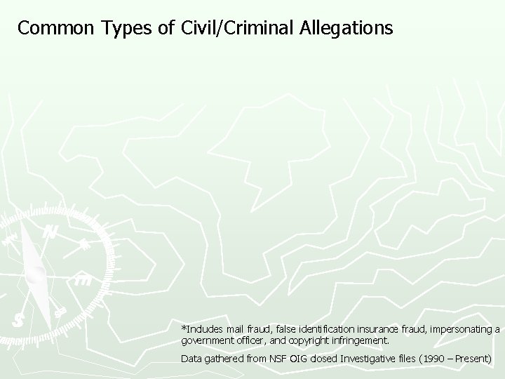 Common Types of Civil/Criminal Allegations *Includes mail fraud, false identification insurance fraud, impersonating a