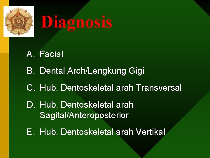 Diagnosis A. Facial B. Dental Arch/Lengkung Gigi C. Hub. Dentoskeletal arah Transversal D. Hub.