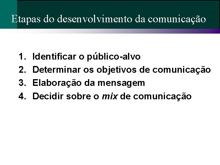 Etapas do desenvolvimento da comunicação 1. 2. 3. 4. Identificar o público-alvo Determinar os Etapas do desenvolvimento da comunicação 1. 2. 3. 4. Identificar o público-alvo Determinar os