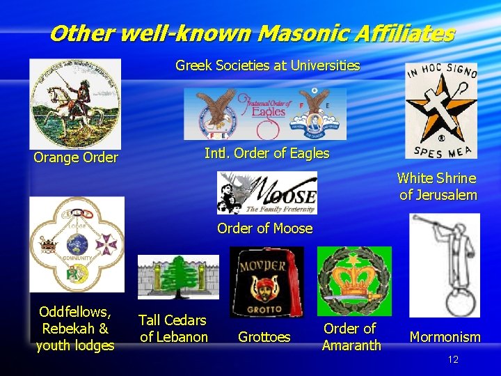 Other well-known Masonic Affiliates Greek Societies at Universities Orange Order Intl. Order of Eagles