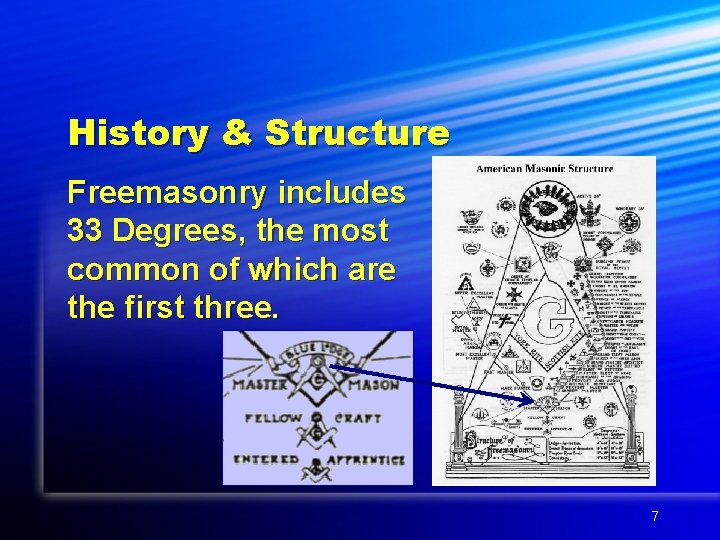 History & Structure Freemasonry includes 33 Degrees, the most common of which are the