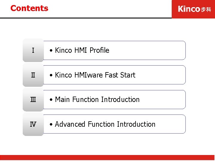 Contents Ⅰ • Kinco HMI Profile Ⅱ • Kinco HMIware Fast Start Ⅲ •