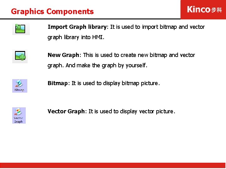 Graphics Components Import Graph library: It is used to import bitmap and vector graph