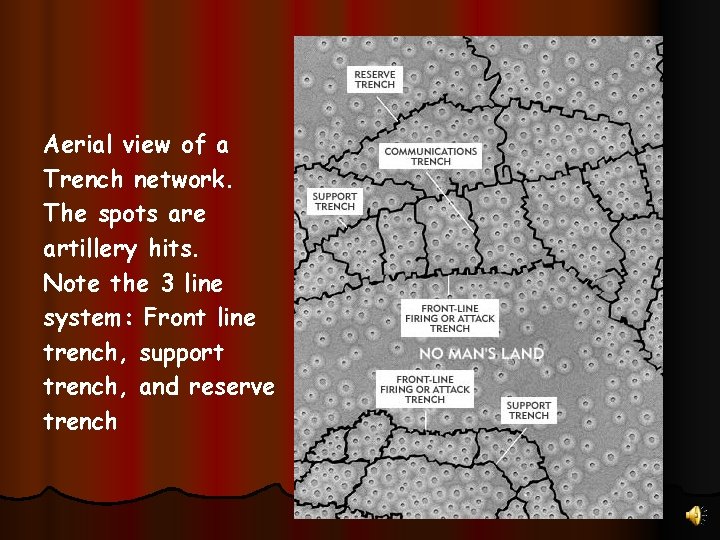 Aerial view of a Trench network. The spots are artillery hits. Note the 3