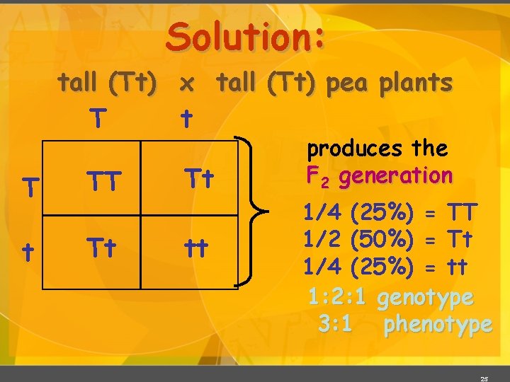 Solution: tall (Tt) x tall (Tt) pea plants T t T TT Tt tt