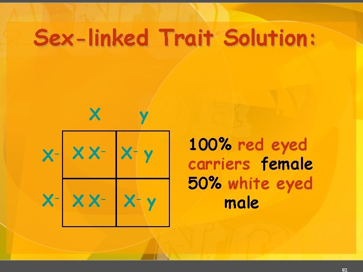 Sex-linked Trait Solution: X X- X- X X- y 100% red eyed carriers female