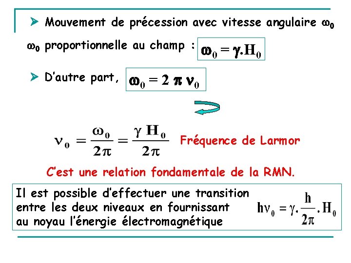  Mouvement de précession avec vitesse angulaire 0 0 proportionnelle au champ : D’autre