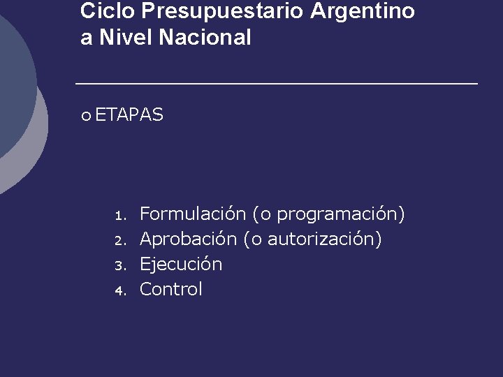 Ciclo Presupuestario Argentino a Nivel Nacional ¡ ETAPAS 1. 2. 3. 4. Formulación (o