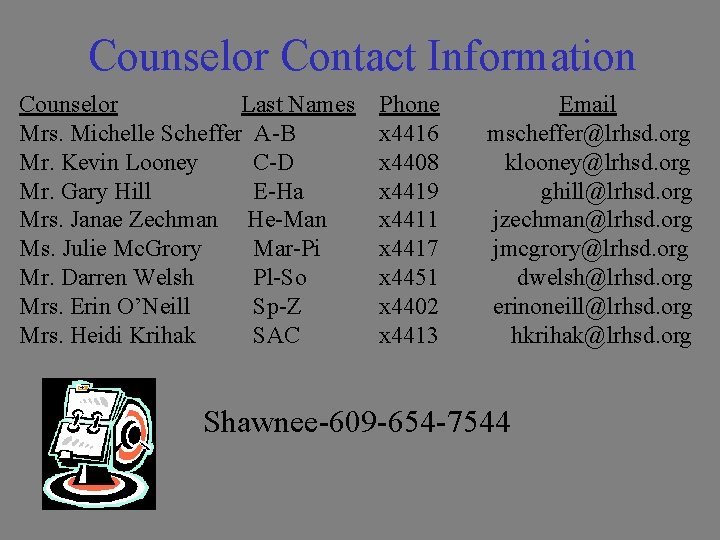 Counselor Contact Information Counselor Last Names Mrs. Michelle Scheffer A-B Mr. Kevin Looney C-D