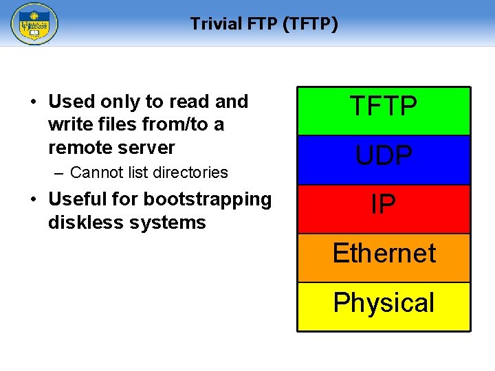 Trivial FTP (TFTP) • Used only to read and write files from/to a remote