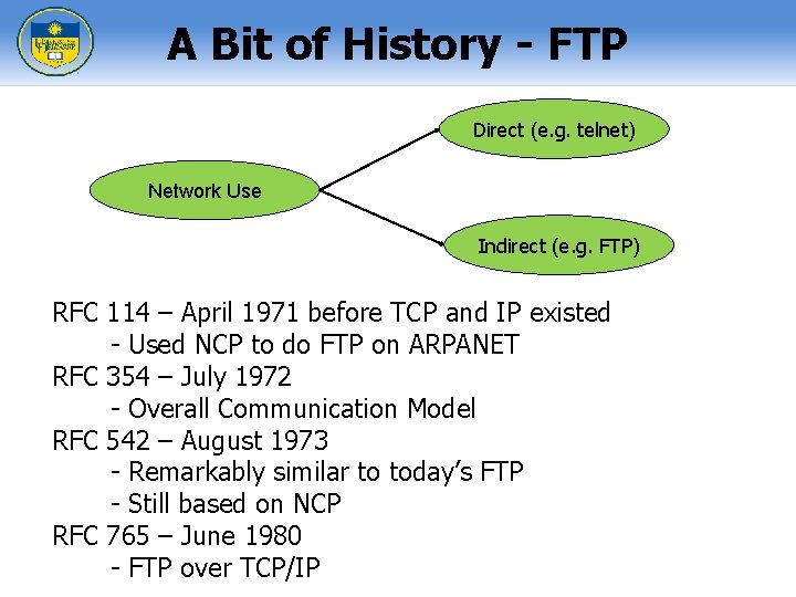 A Bit of History - FTP Direct (e. g. telnet) Network Use Indirect (e.