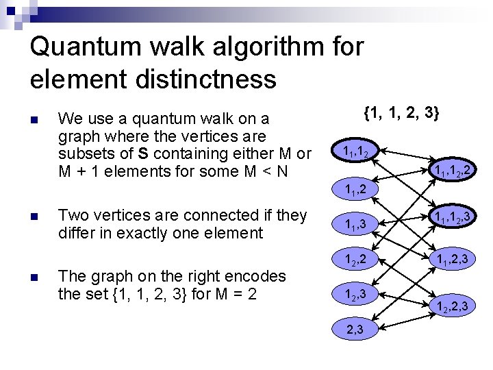 Quantum walk algorithm for element distinctness n We use a quantum walk on a