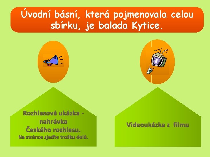 Úvodní básní, která pojmenovala celou sbírku, je balada Kytice. Rozhlasová ukázka nahrávka Českého rozhlasu.