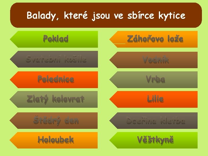 Balady, které jsou ve sbírce kytice Poklad Záhořovo lože Svatební košile Vodník Polednice Vrba