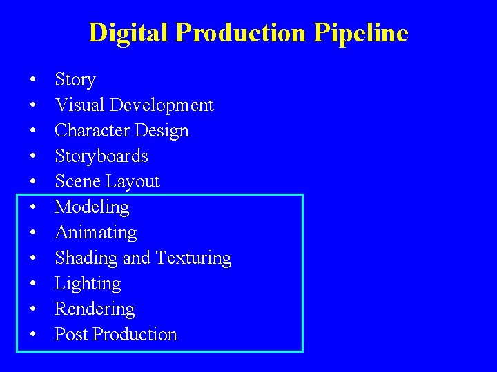 Digital Production Pipeline • • • Story Visual Development Character Design Storyboards Scene Layout