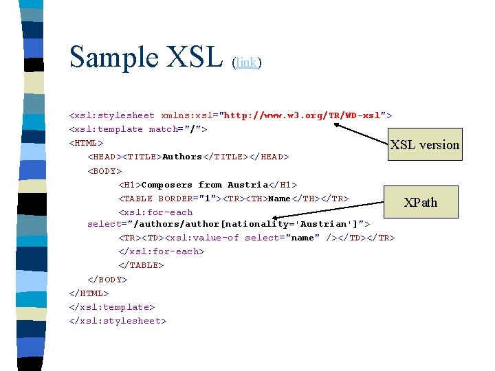 Sample XSL (link) <xsl: stylesheet xmlns: xsl="http: //www. w 3. org/TR/WD-xsl"> <xsl: template match="/">