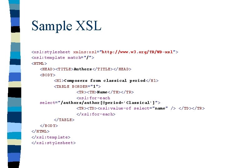 Sample XSL <xsl: stylesheet xmlns: xsl="http: //www. w 3. org/TR/WD-xsl"> <xsl: template match="/"> <HTML>
