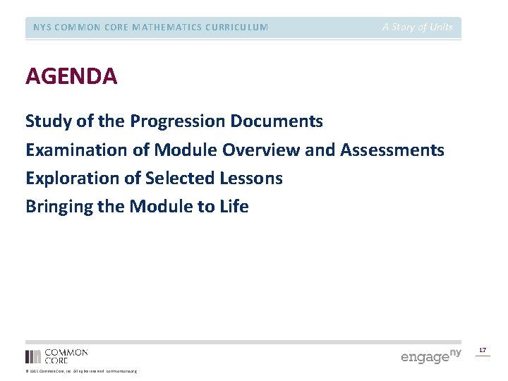 NYS COMMON CORE MATHEMATICS CURRICULUM A Story of Units AGENDA Study of the Progression