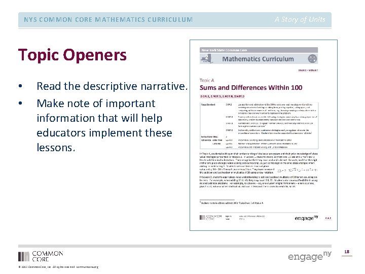 NYS COMMON CORE MATHEMATICS CURRICULUM A Story of Units Topic Openers • • Read