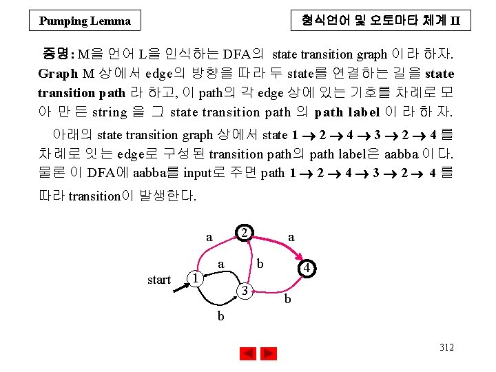 Pumping Lemma 형식언어 및 오토마타 체계 II 증명: M을 언어 L을 인식하는 DFA의 state