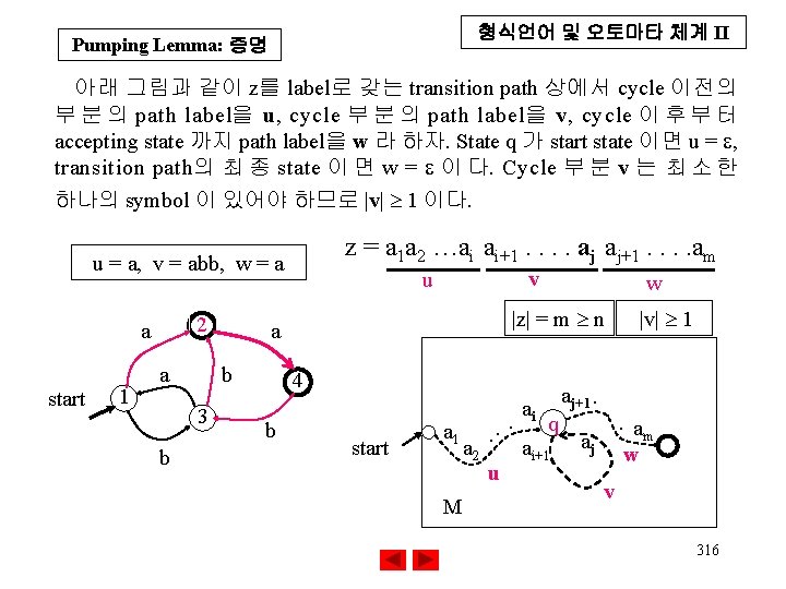 형식언어 및 오토마타 체계 II Pumping Lemma: 증명 아래 그림과 같이 z를 label로 갖는