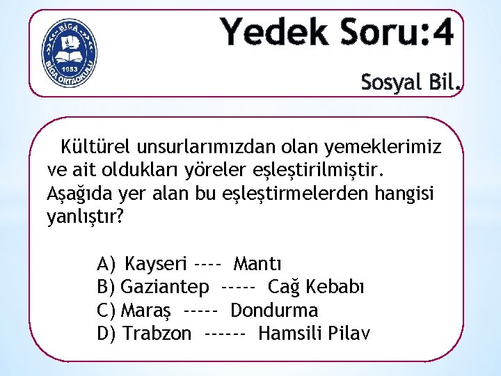 Yedek Soru: 4 Sosyal Bil. Kültürel unsurlarımızdan olan yemeklerimiz ve ait oldukları yöreler eşleştirilmiştir.