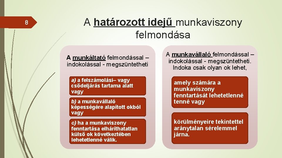 8 A határozott idejű munkaviszony felmondása A munkáltató felmondással – indokolással - megszüntetheti a)