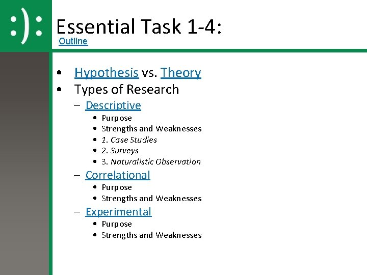 Essential Task 1 -4: Outline • Hypothesis vs. Theory • Types of Research –