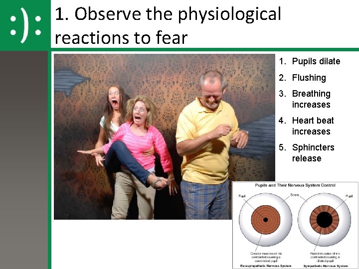 1. Observe the physiological reactions to fear 1. Pupils dilate 2. Flushing 3. Breathing