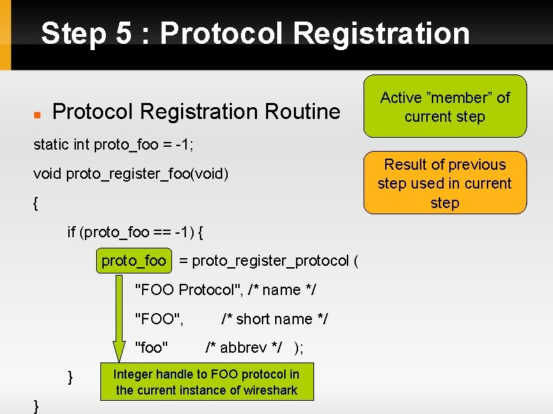 Step 5 : Protocol Registration Routine Active ”member” of current step static int proto_foo