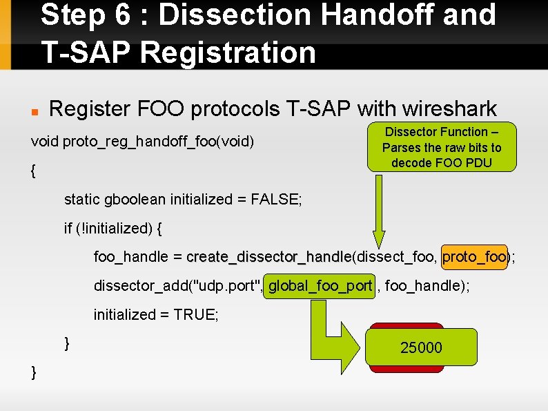 Step 6 : Dissection Handoff and T-SAP Registration Register FOO protocols T-SAP with wireshark