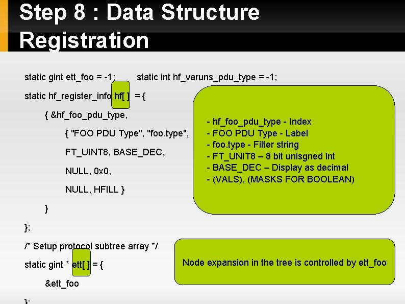 Step 8 : Data Structure Registration static gint ett_foo = -1; static int hf_varuns_pdu_type