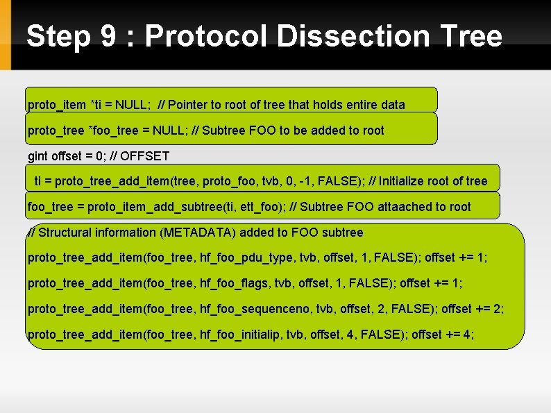 Step 9 : Protocol Dissection Tree proto_item *ti = NULL; // Pointer to root