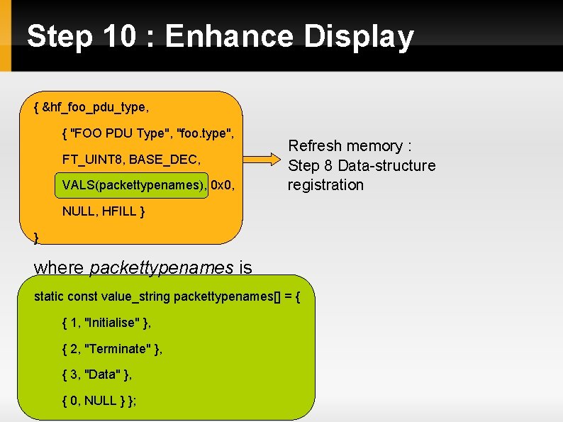 Step 10 : Enhance Display { &hf_foo_pdu_type, { "FOO PDU Type", "foo. type", FT_UINT