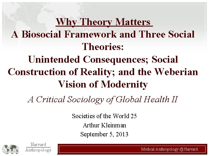 Why Theory Matters A Biosocial Framework and Three Social Theories: Unintended Consequences; Social Construction