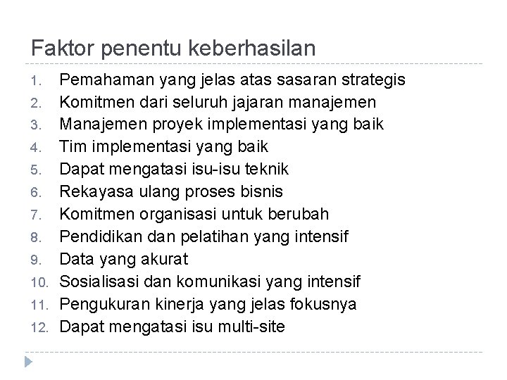 Faktor penentu keberhasilan 1. 2. 3. 4. 5. 6. 7. 8. 9. 10. 11.