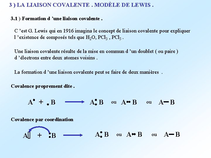 3 ) LA LIAISON COVALENTE. MODÈLE DE LEWIS. 3. 1 ) Formation d ’une
