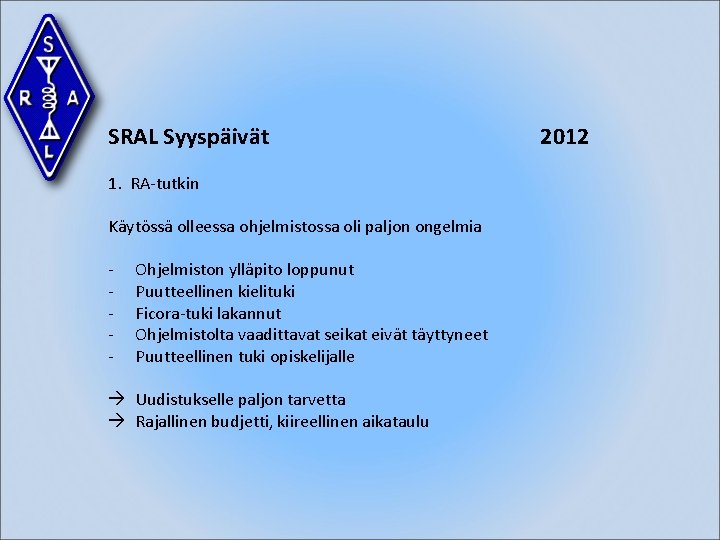 SRAL Syyspäivät 1. RA-tutkin Käytössä olleessa ohjelmistossa oli paljon ongelmia - Ohjelmiston ylläpito loppunut