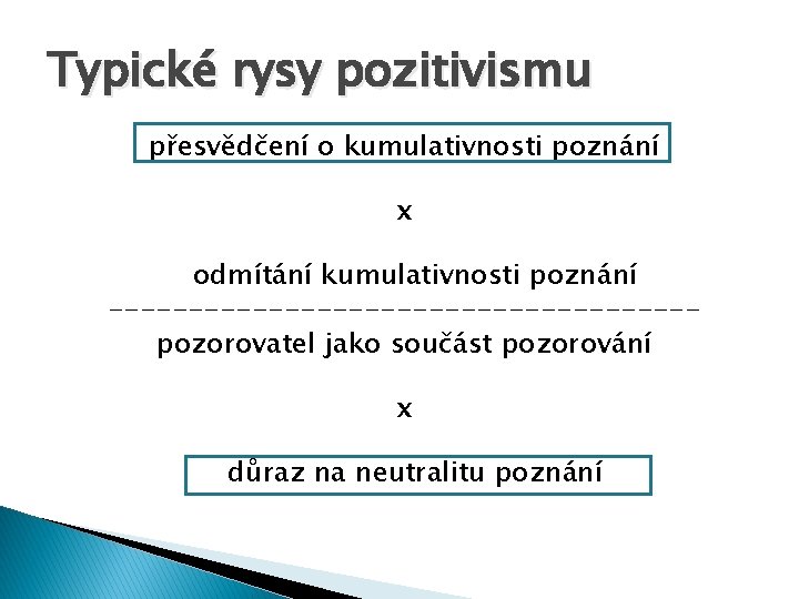 Typické rysy pozitivismu přesvědčení o kumulativnosti poznání x odmítání kumulativnosti poznání ------------------pozorovatel jako součást